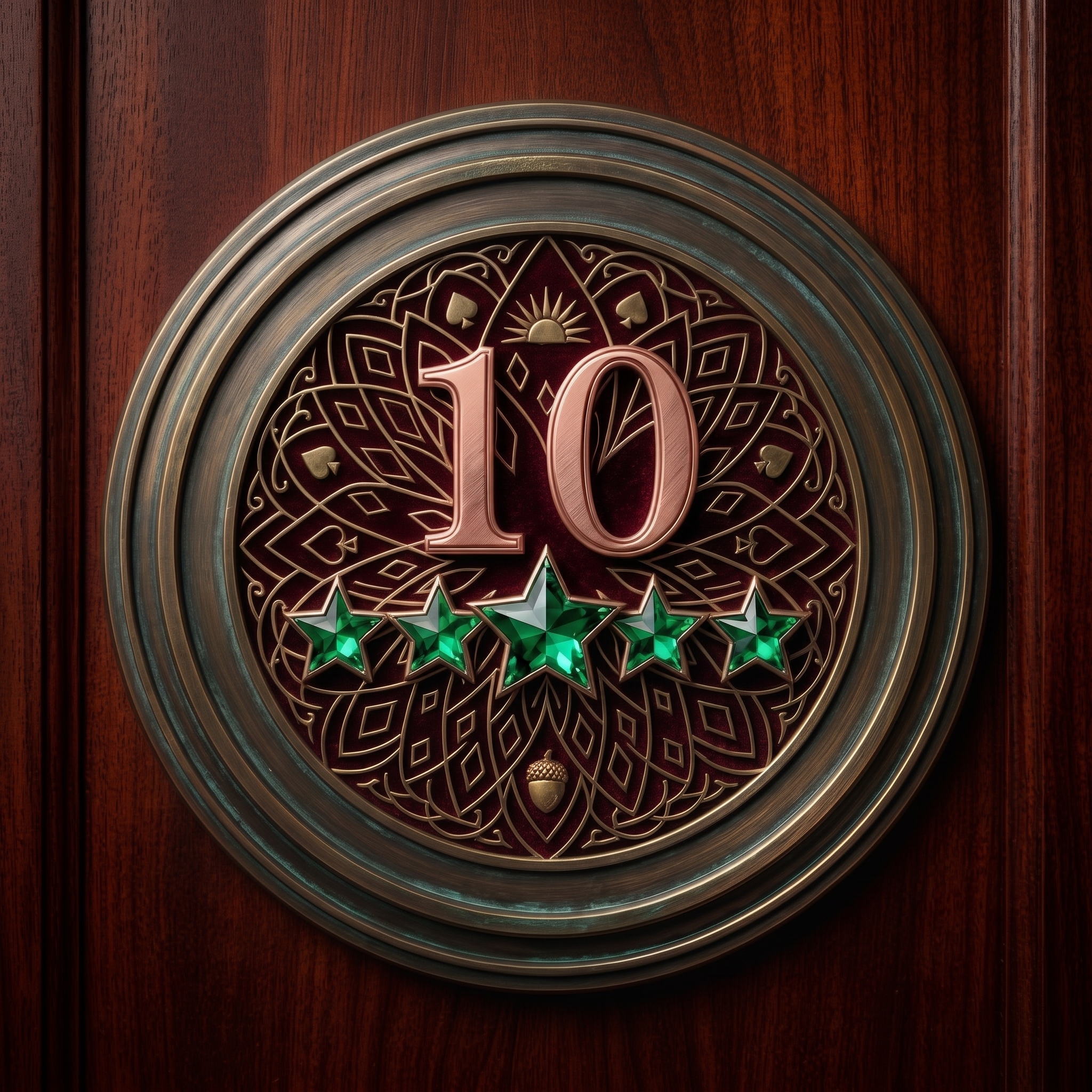 A bronze medallion with the number 10 and five green stars, set on dark wood.